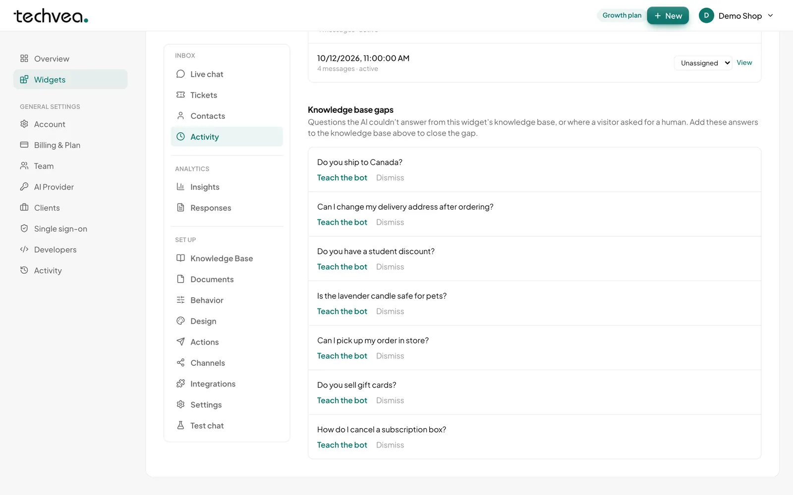 The Knowledge base gaps list showing unanswered questions with Teach the bot and Dismiss buttons