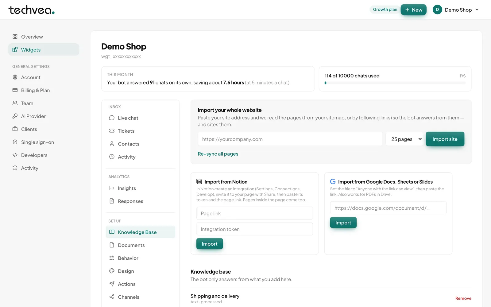 Knowledge base page with import forms for a website, Notion and Google Docs
